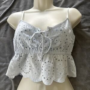 Aerie Crop Top Womens Small Baby Blue Eyelet Strappy Babydoll Feminine Coquette